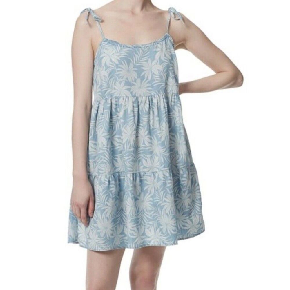 JESSICA SIMPSON Blue Leaf Print Sz Small Casual Wear TAMRYN Tiered Mini Sundress